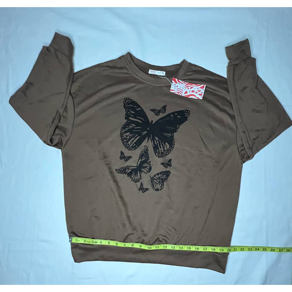 NWT Romwe Brown Light Weight Sweatshirt Long Sleeve Rich Brown with Butterfly M - Picture 5 of 9